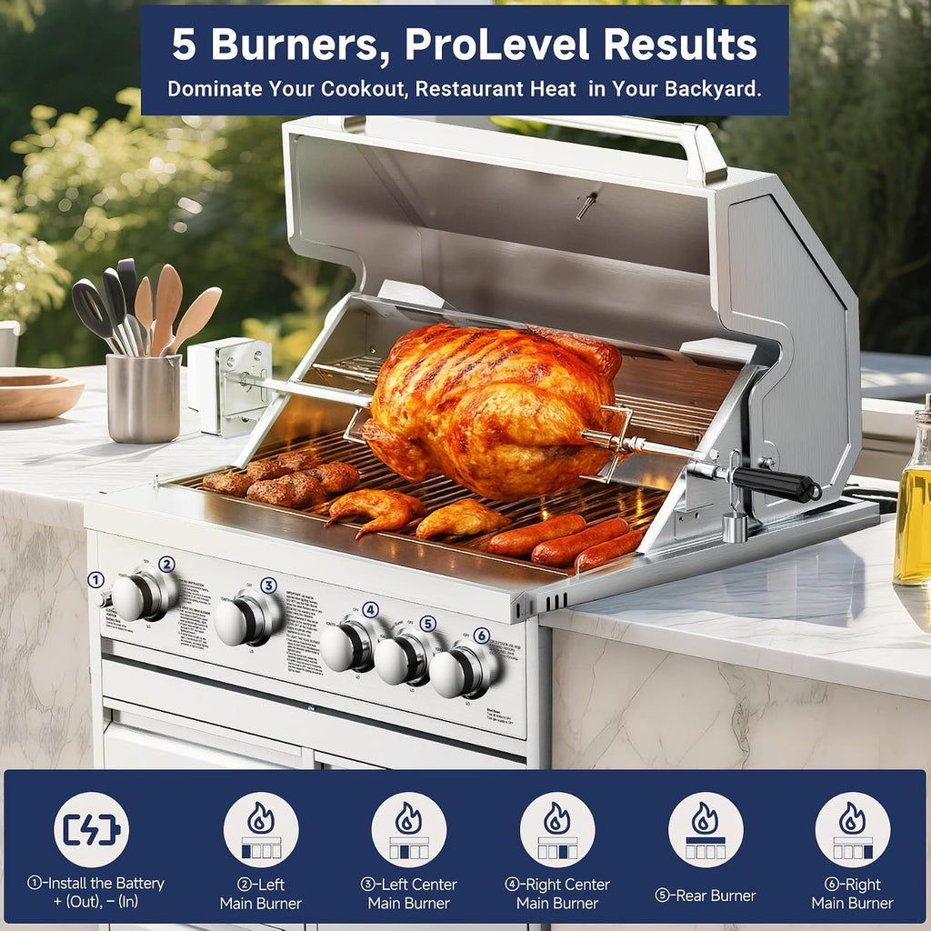 BODEGA 30 Inch 5-Burner Propane Gas Grill with Rotisserie Chicken Fork Kit, 58000-BTU Outdoor Gas Grill for Kitchen, LPG/NG Convertible, Backyard BBQ Grill with Temperature & Rear Infrared Burner.