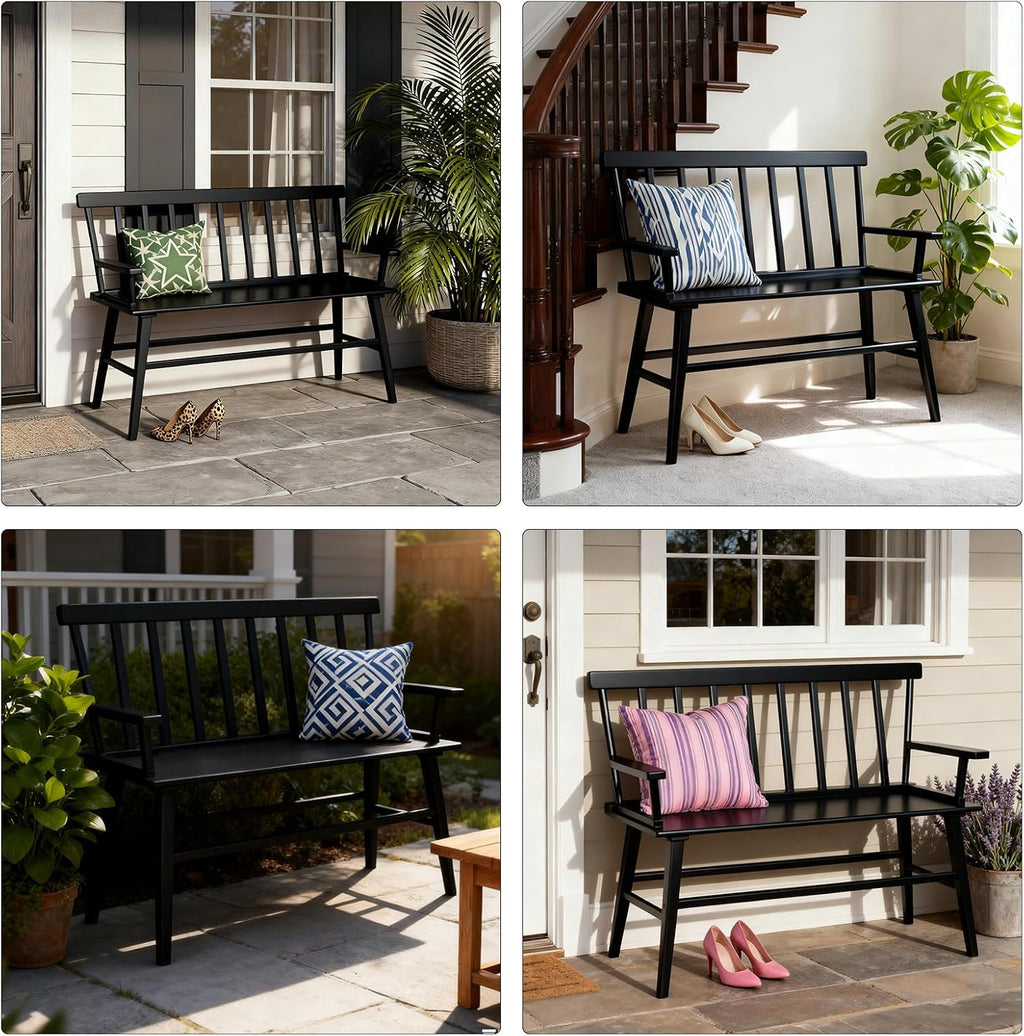 Dining Bench for Kitchen & Dining Room – Bamboo Wood Bench with Spindle Back & Armrests, Farmhouse Entryway Bench, Indoor Bedroom Bench, Versatile Entry Bench & Outdoor Bench Seating（Black with Arm）