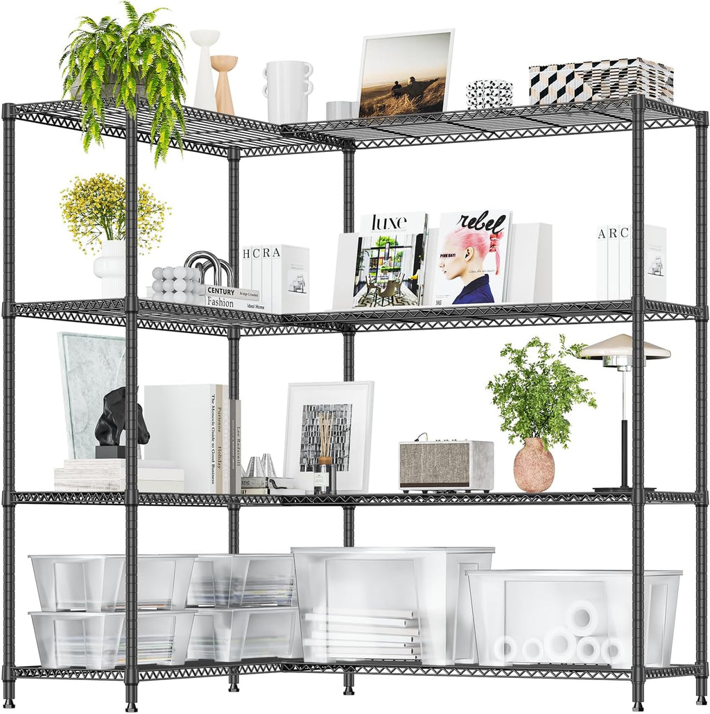 IZEUK Linked Storage Racks, DIY Adjustable Heavy Duty Metal Shelving Unit for Corner, Ideal for Kitchen, Garage, Warehouse, and Garden (Black, 4 Tiers, 15.7' D x 33.5' W x 59.5' H, 1147 lbs Capacity)