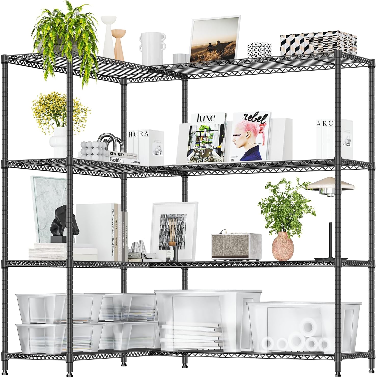 IZEUK Linked Storage Racks, DIY Adjustable Heavy Duty Metal Shelving Unit for Corner, Ideal for Kitchen, Garage, Warehouse, and Garden (Black, 4 Tiers, 15.7' D x 33.5' W x 59.5' H, 1147 lbs Capacity)