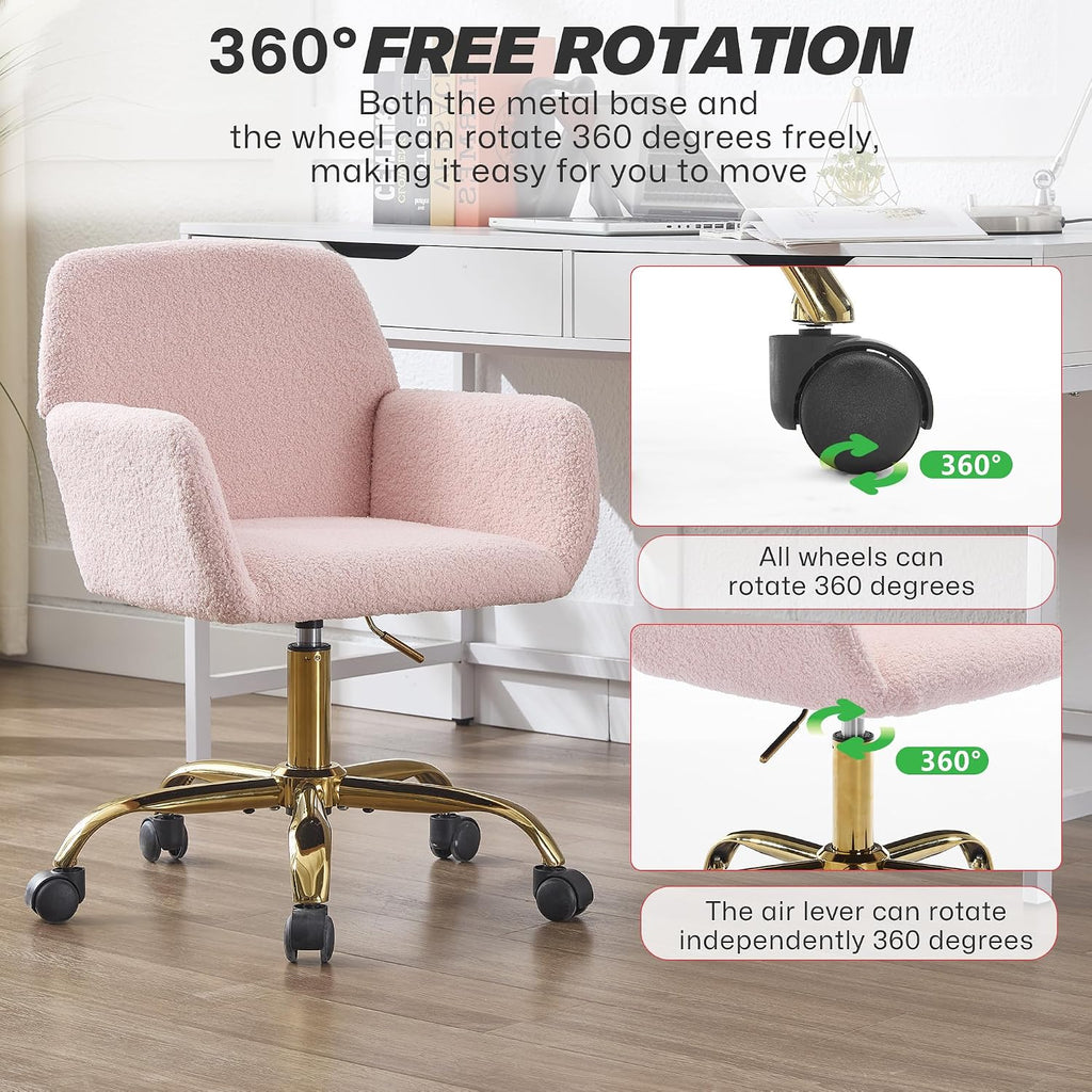 KCC Faux Fur Vanity Makeup Desk Chair, Comfy Fluffy Swivel Modern Leisure Armchair with Wheels, Upholstered Fuzzy Height Adjustable for Teens Women Girls Elegant Home Office, Pink