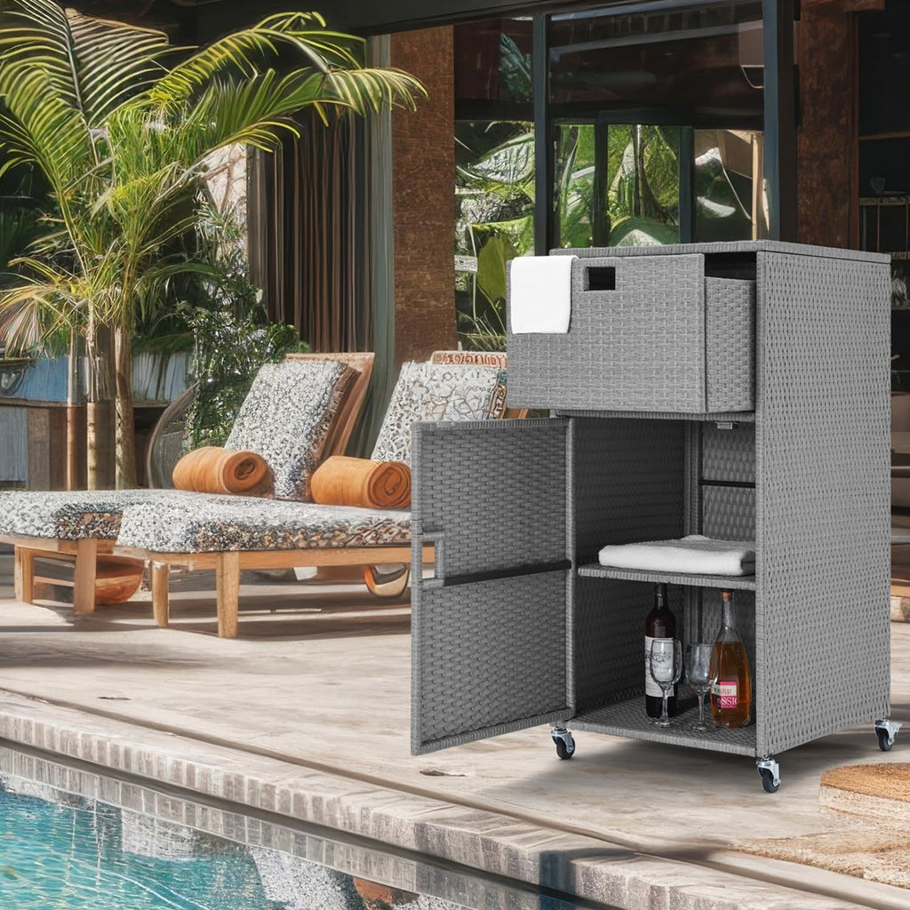 Outdoor Pool Towel Storage Cabinet Outdoor Towel Rack For Pool With Shelf & Drawer Pool Towel Holder With Rolling Wheels Hot Tub Towel Rack W/Waterproof Cover Poolside Towel Valet Caddy For Spa Grey