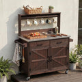 LUMISOL Outdoor Grill Cart with Stainless Steel Top, Solid Wood Kitchen Island with Lockable Wheels & High Shelf, Large Outdoor Potting Bench Table with Storage Cabinet & Towel Rack, Brown