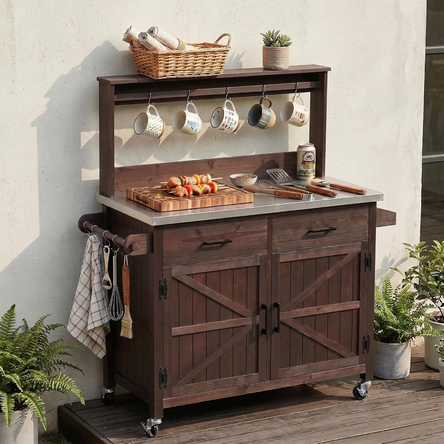 LUMISOL Outdoor Grill Cart with Stainless Steel Top, Solid Wood Kitchen Island with Lockable Wheels & High Shelf, Large Outdoor Potting Bench Table with Storage Cabinet & Towel Rack, Brown