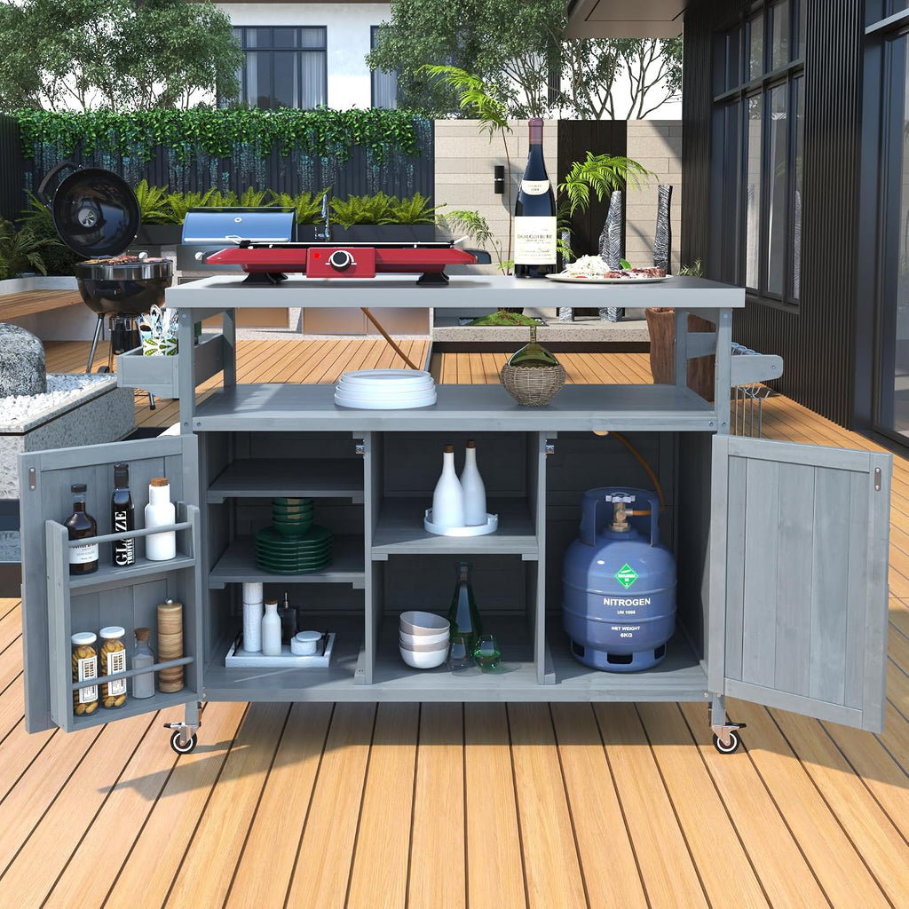 Outdoor Grill Cart with Storage, Farmhouse Outdoor Storage Cabinet with Stainless Steel Top, Wood Bar Patio Kitchen Island with Spice Rack, Towel Holder, Hooks & Locking Wheels for Patio BBQ(Blue)