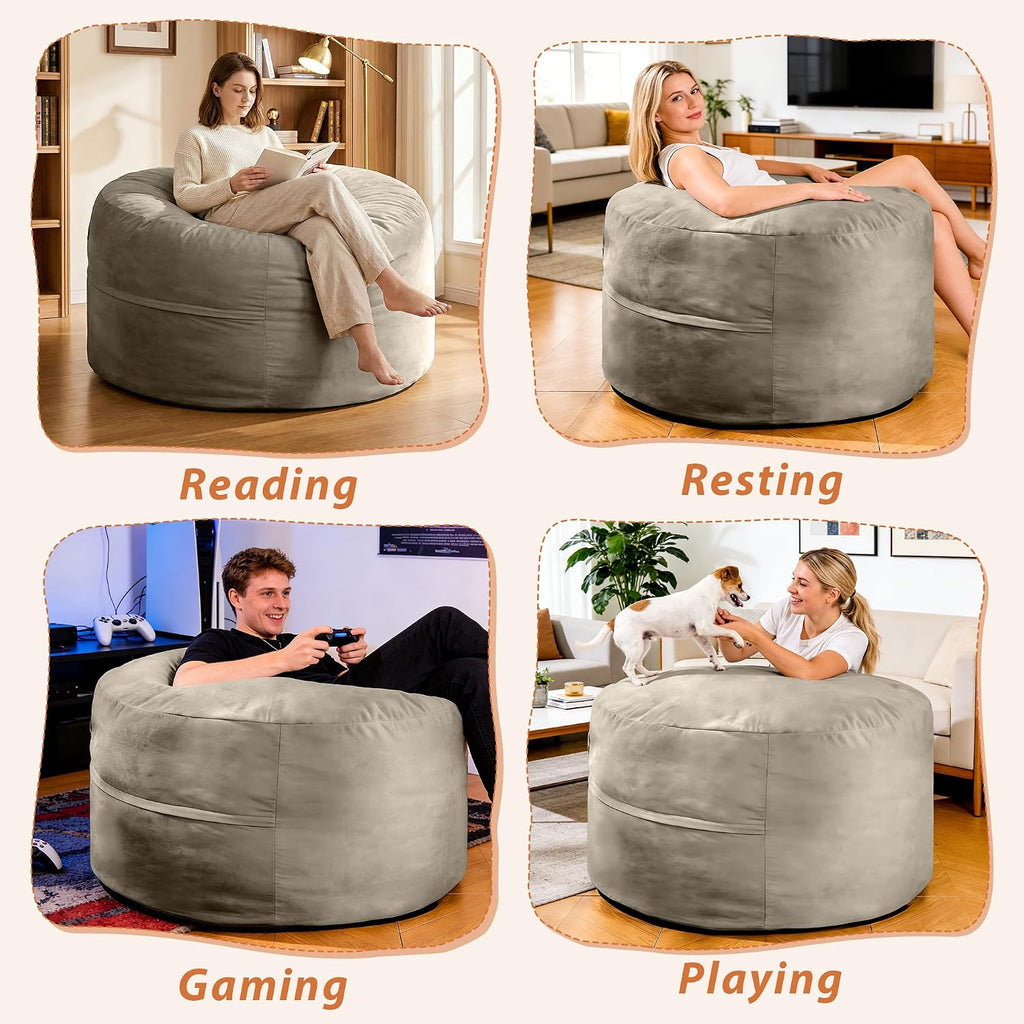 4FT Bean Bag Chair, Bean Bag Chairs for Adults and Kids, Fluffy and Comfy Bean Bag with Velvet Cover, Bean Bag with Memory Foam Filled for Gaming, Living Room, Playroom (Light Grey)