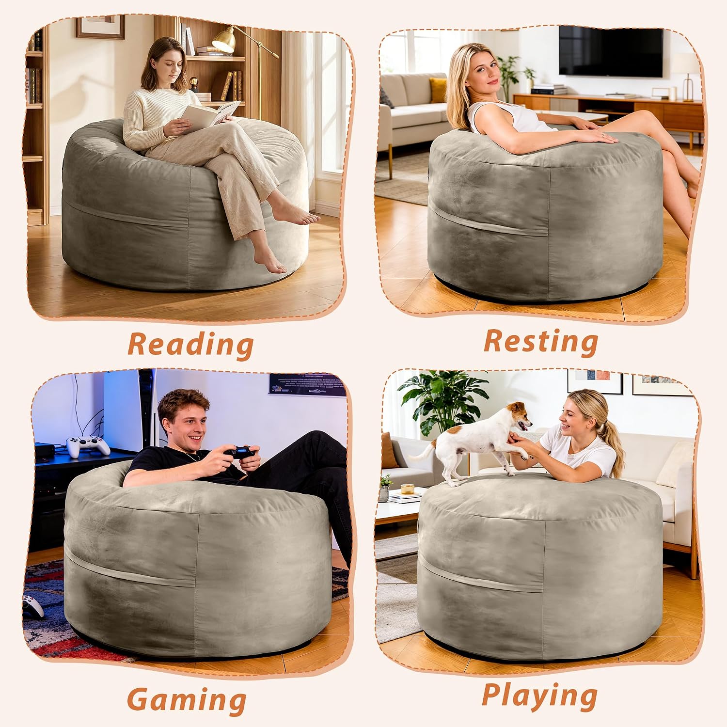 4FT Bean Bag Chair, Bean Bag Chairs for Adults and Kids, Fluffy and Comfy Bean Bag with Velvet Cover, Bean Bag with Memory Foam Filled for Gaming, Living Room, Playroom (Light Grey)