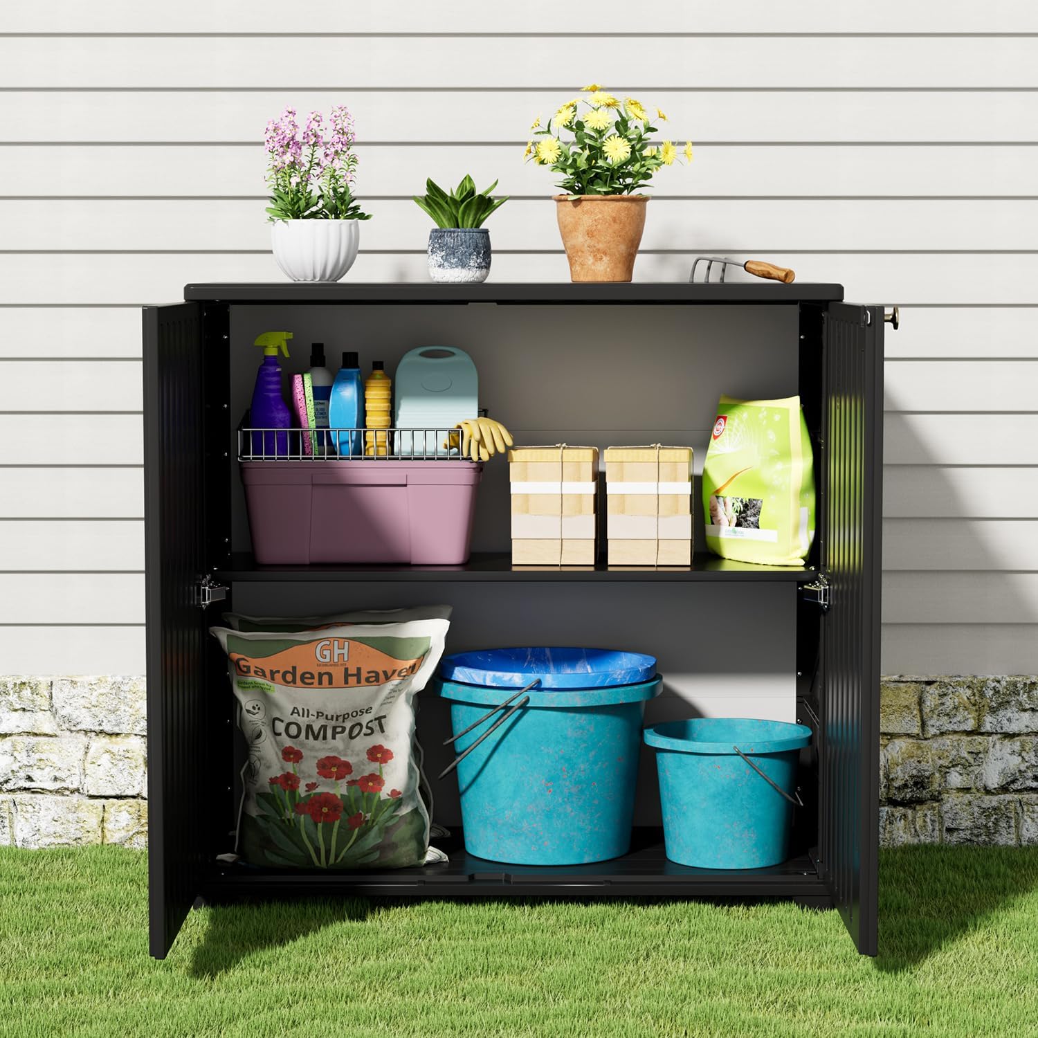 KINYING Outdoor Storage Cabinet Waterproof, 60 Gallon Resin Outdoor Storage Shed for Patio/Garden/Backyard, Outdoor Storage Box for Cushions,Garden Tools and Pool Supplies(Black with 1 Shelving)