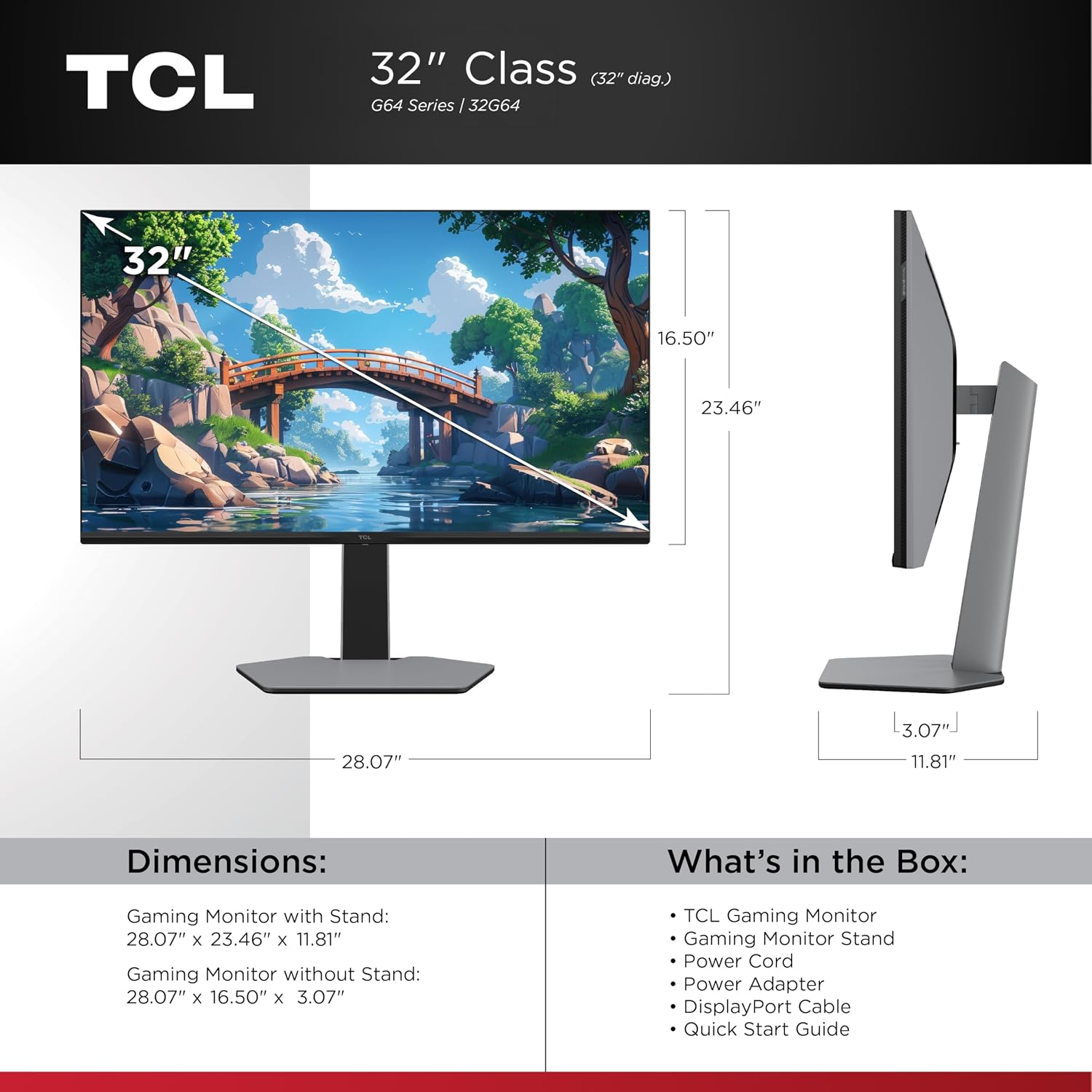 TCL 32' G64 Series QHD HDR QD-Mini LED Gaming Monitor (32G64, 2025 Model) Halo Control System, 180Hz Refresh Rate, LD336 Precise Dimming Series, HDR600 Brightness, 1ms, AMD FreeSync, NVIDIA G-SYNC