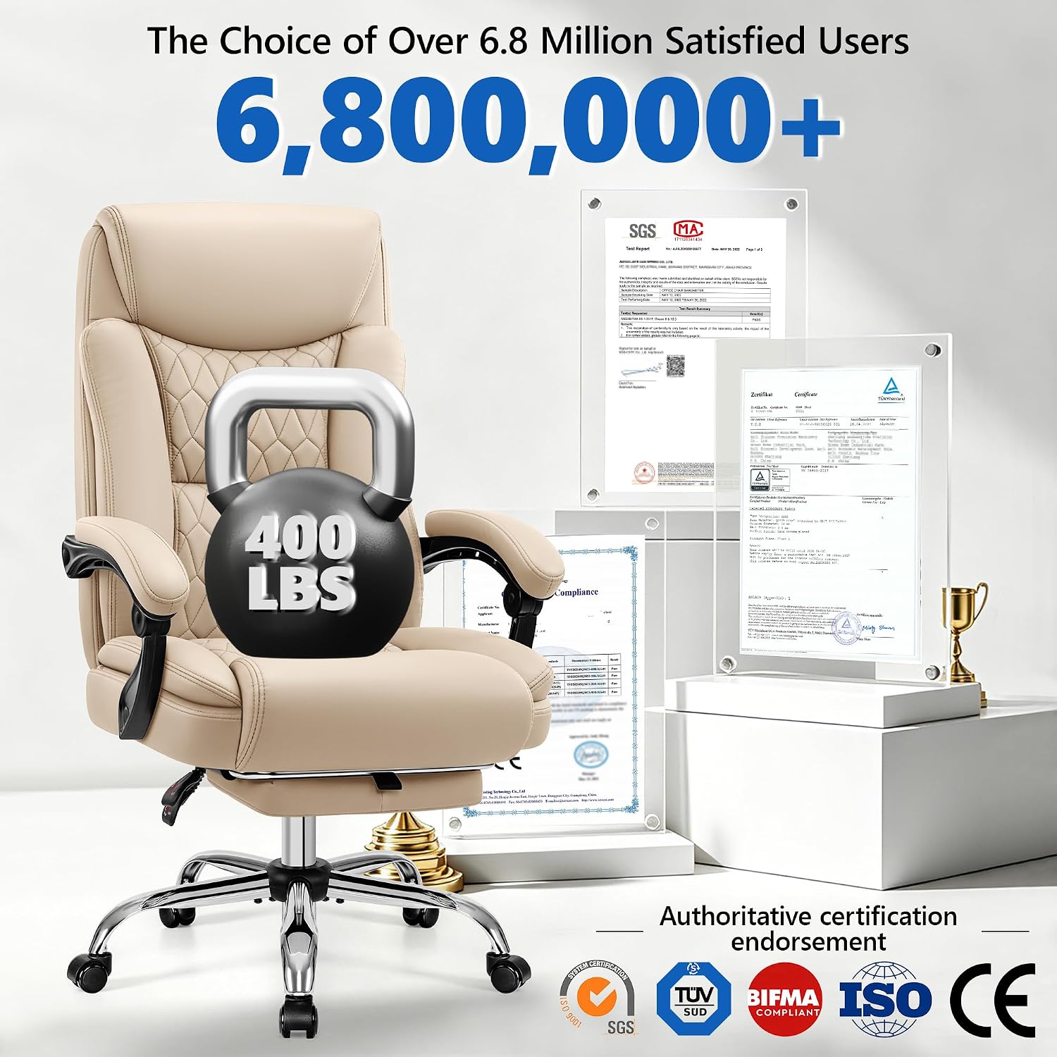 Big and Tall Office Chair 400lbs - Wide Memory Foam Seat with Spring Pack, Reclining Executive Desk Chair with Footrest, Ergonomic Heavy Duty High Back Computer Chair, Khaki