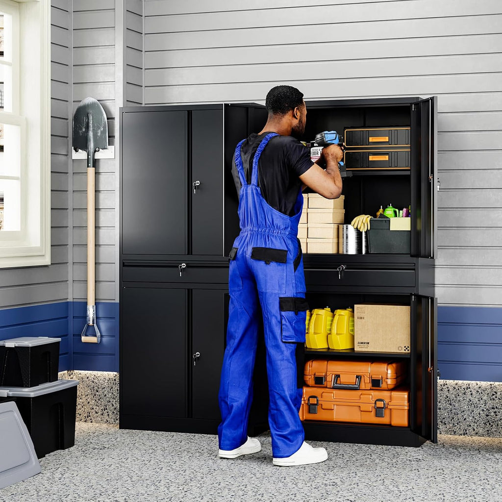 Yizosh Metal Garage Storage Cabinet with Locking Doors and Adjustable Shelves, 71' Tool Storage Cabinet with 1 Drawer for Garage,Warehouse (Black)
