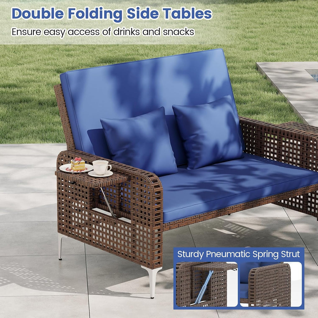 Tangkula Patio Rattan Daybed with 4-Level Adjustable Backrest, Boho Outdoor Wicker Loveseat & Storage Ottoman with Cushion, 2-Person Sun Lounger with Folding Tables for Poolside, Backyard & Garden