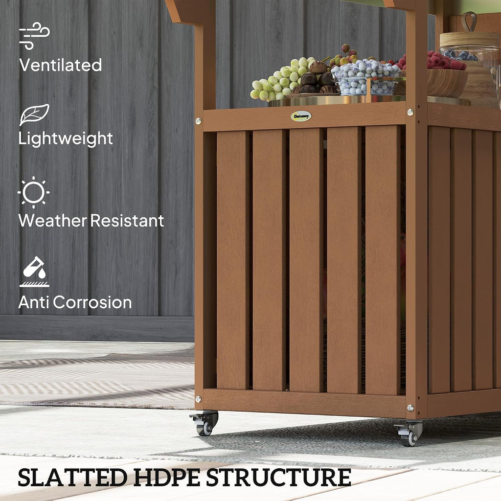 Outsunny Outdoor Bar Cart with Storage Cabinet, Stainless Steel Top Kitchen Island on Wheels, HDPE Outdoor Bar Table, Movable Patio Beverage Food Prep Table for BBQ Picnic, Brown