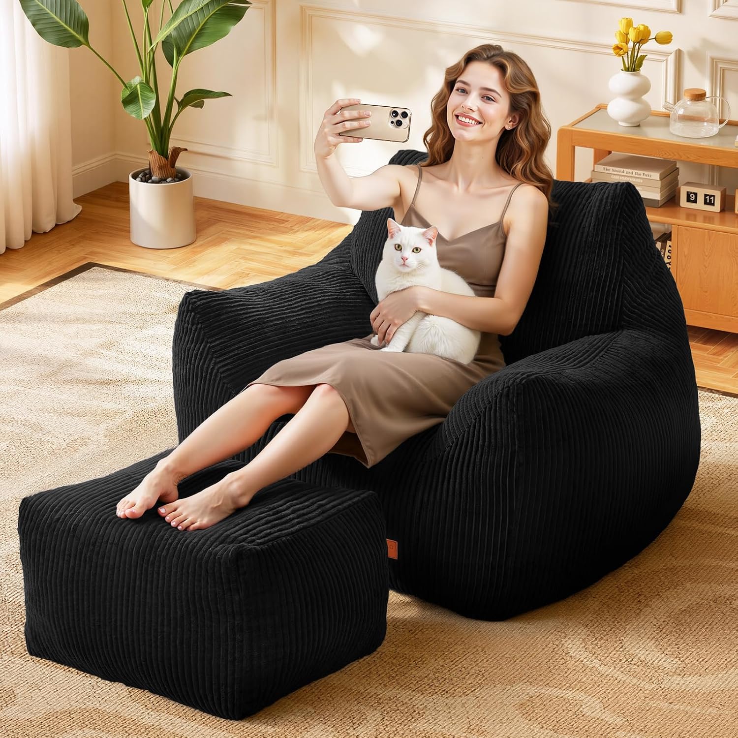 Big Bean Bag Chair for Adults, Ultra Soft Living Room Bean Bag with Armrests & Ottoman, Stuffed BeanBag Chair for Napping, Gaming, Vacuum-Compressed for Easy Gifting, 48h to Expand, Black