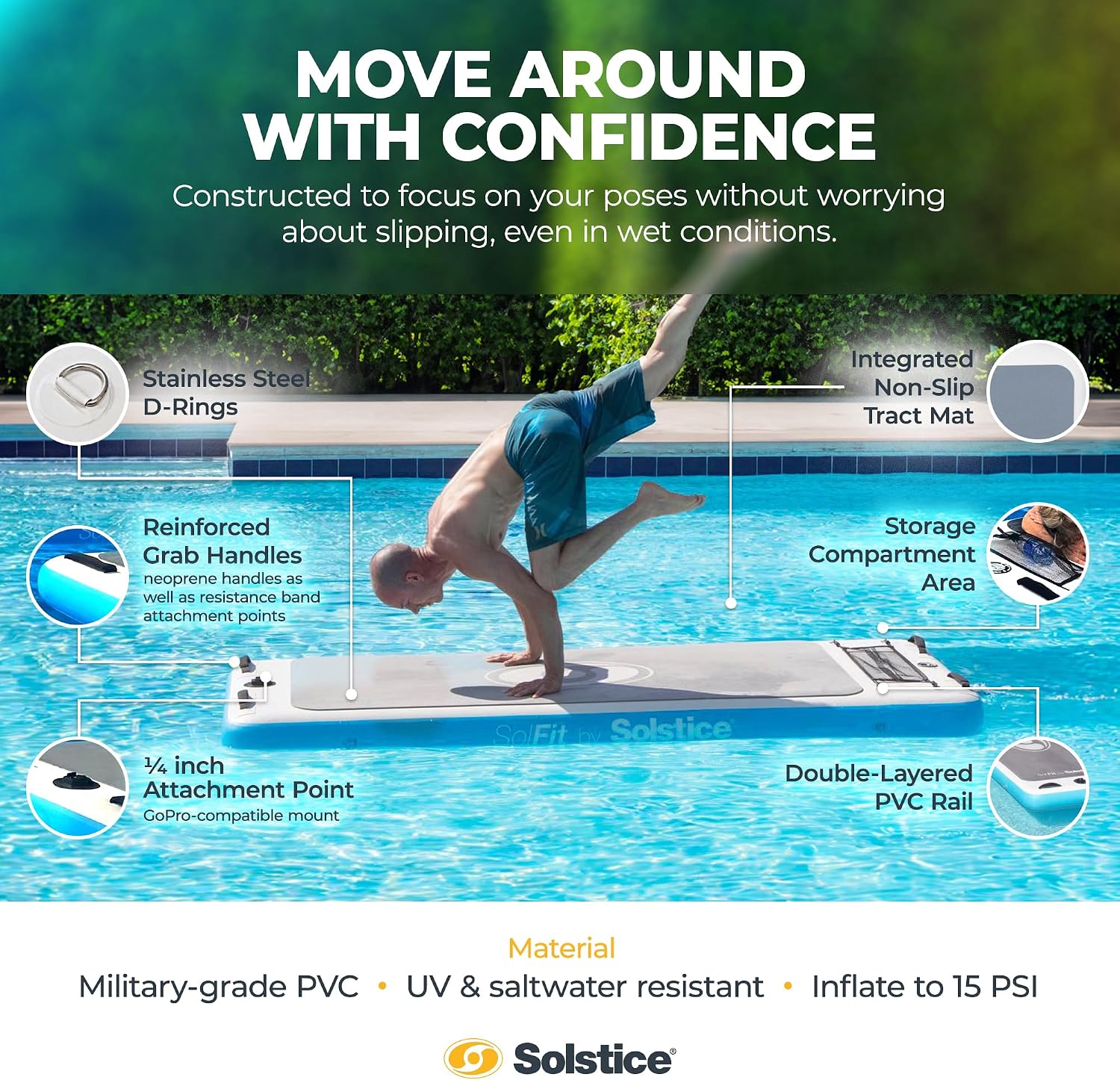 SOLSTICE Sol Fit Inflatable Stand-Up Paddleboard & Aquatic Fitness Mat with 7'10' Non-Slip Traction Pad - Floating Exercise Platform for Yoga, Pilates & Meditation, Includes Pump & Carry Bag