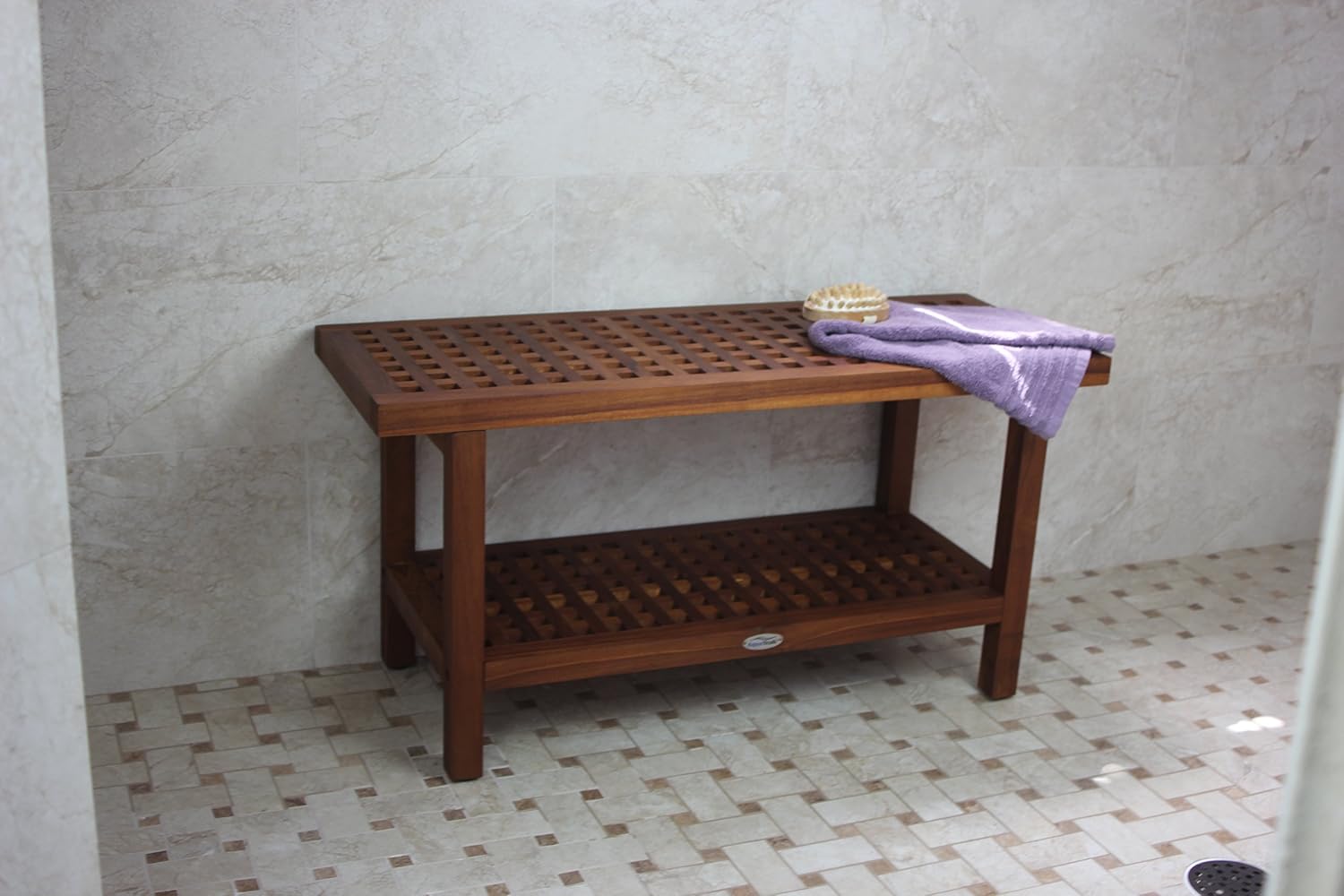 AquaTeak The Original 36' Grate Teak Shower Bench with Shelf Premium Teak Oil