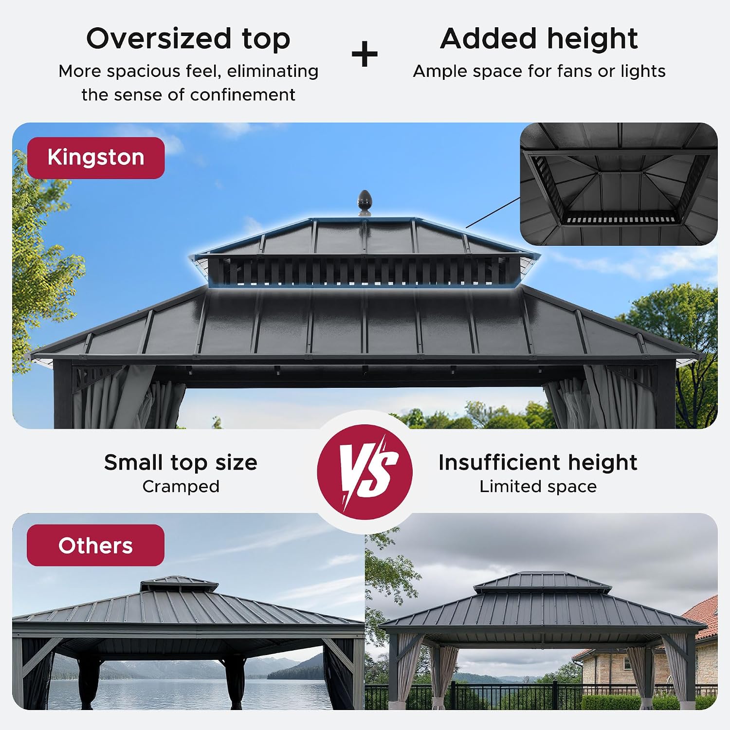 SUNJOY Kingston 12' x 10' Hardtop Gazebo with Galvanized Steel Double Roof, Curtain and Netting, Gray Aluminum Posts Permanent Pavilion Gazebo for Garden, Patio, Deck, Lawn