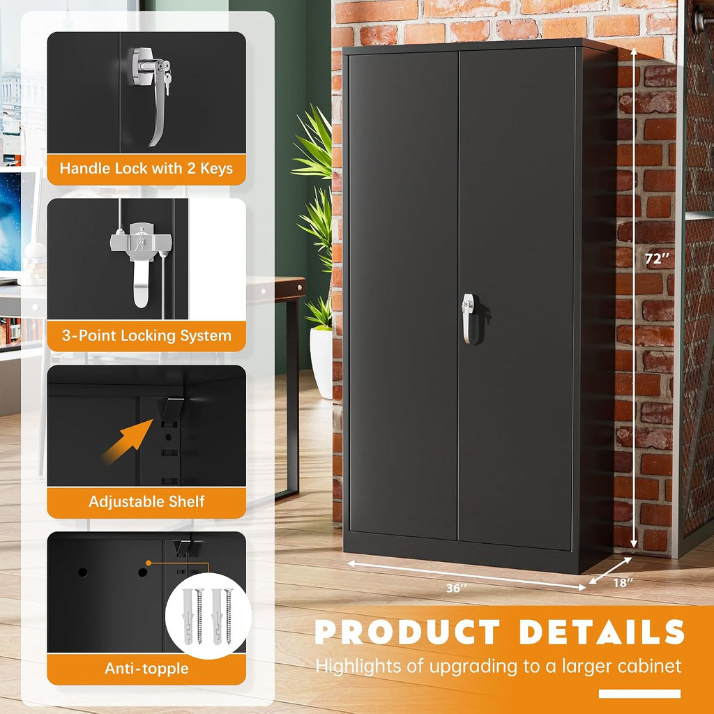 Greenvelly Steel SnapIt Storage Cabinet, 72' Locking Metal Garage Storage Cabinet with 4 Adjustable Shelves, 2 Doors and Lock for File, Office, Garage, Home (Black)