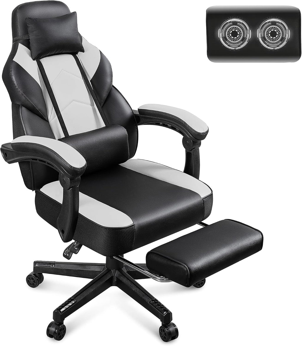 Gaming Chair for Adults, Gaming Chairs with Footrest, Ergonomic Video Game Chair with Massage Lumbar Big and Tall Computer Chair, Height Adjustable with Headrest and 360° Swivel Seat, White