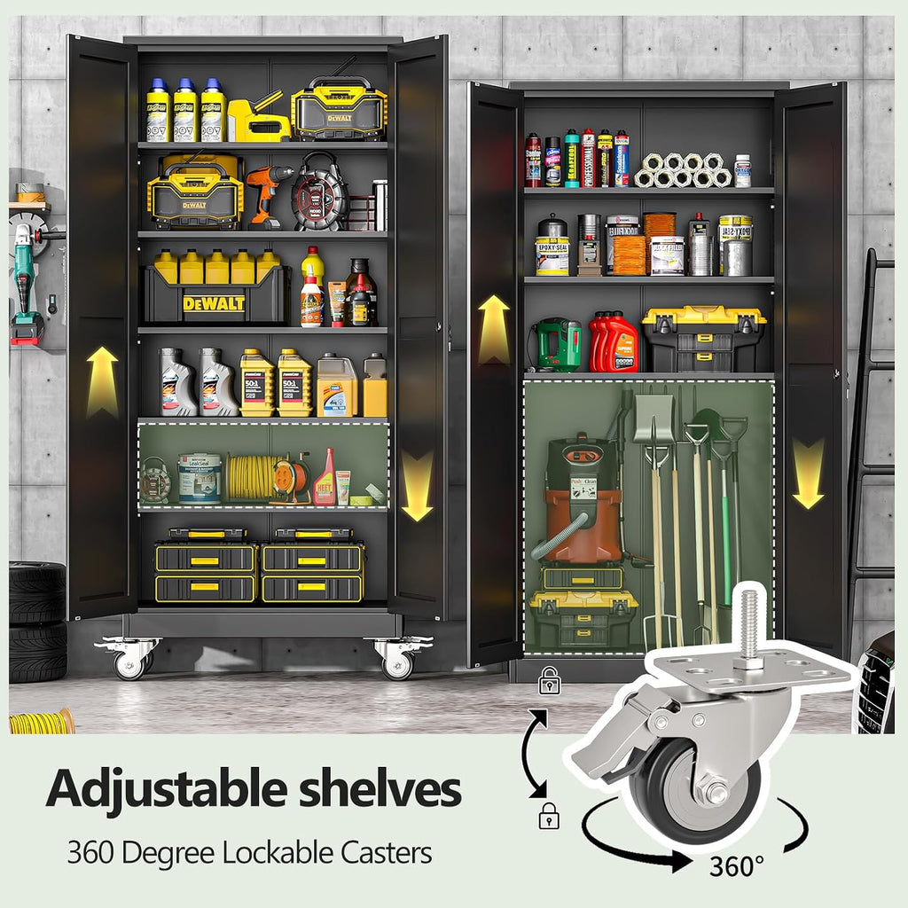 Metal Garage Storage Cabinets and storage system, 75'Tall Rolling utility cabinet with Wheels, Lock, 5 Adjustable Shelves, Heavy Duty Steel Tool Locker for Home Office, Utility Room, Gym,Black