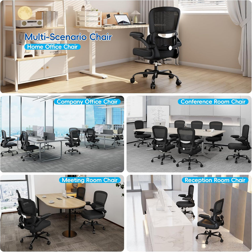 TRALT Ergonomic Office Chair - Desk Chair with Adjustable Lumbar Support Computer Chair - Mesh Comfy Chair with Flip-up Armrests - Gaming Chairs for Adults Home Office (Leather, Black)