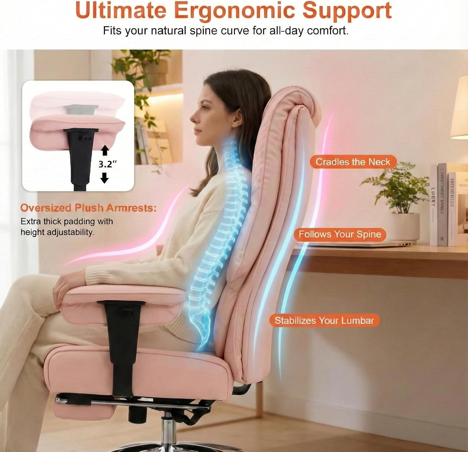 EXCEBET Big and Tall Office Chair 400lbs Wide Seat, Leather High Back Executive Office Chair with Foot Rest, Ergonomic Chairs Lumbar Support for Lower Back Pain Relief (Light Pink)