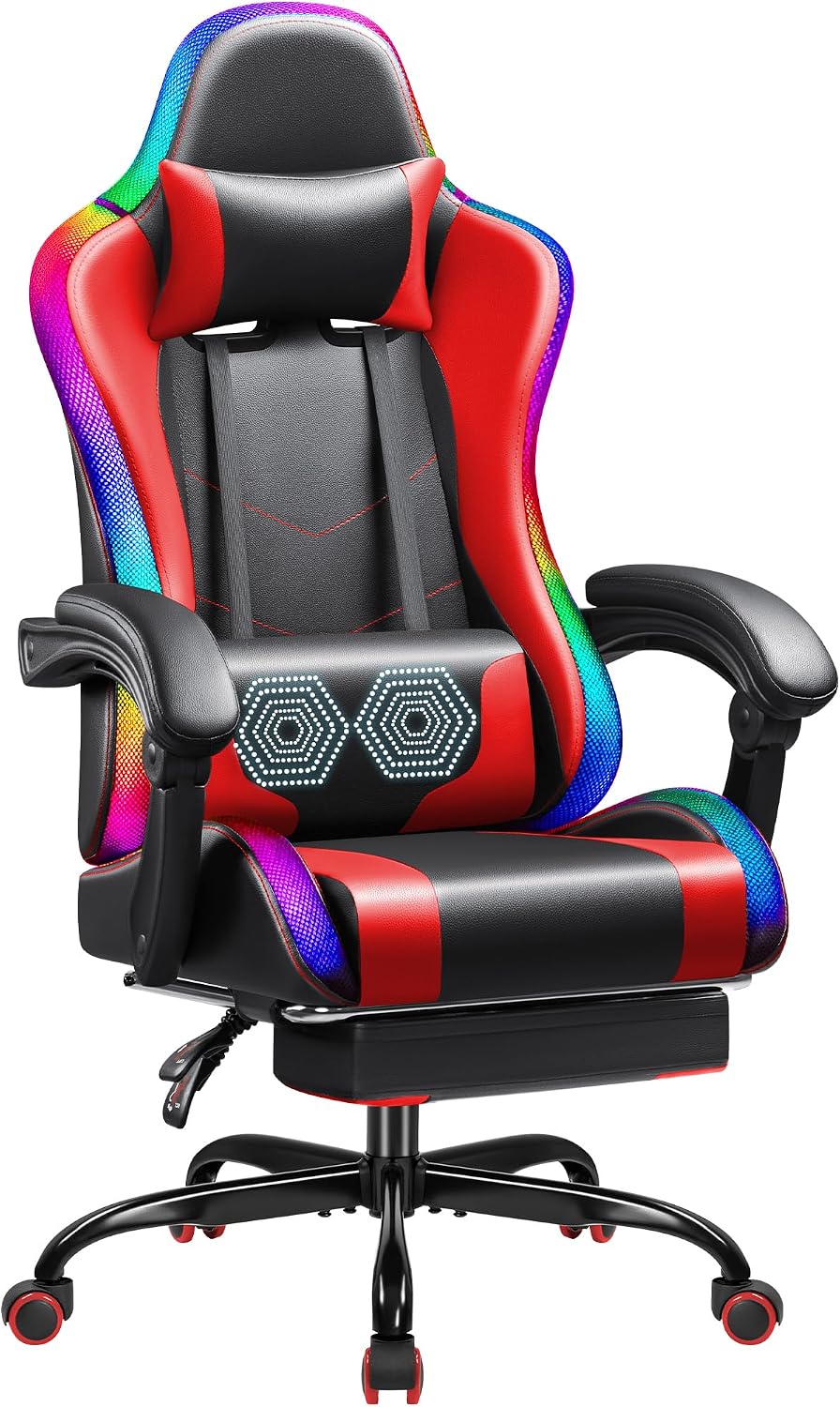Shahoo Gaming Chair with LED Lights, Footrest and Massage Lumbar Support, Ergonomic Computer Seat Height Adjustable with 360°Swivel and Headrest, Red with RGB