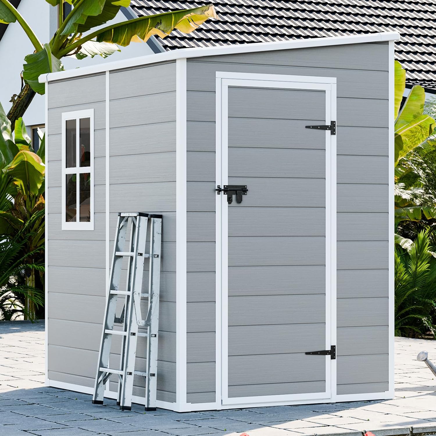 5x4 FT Plastic Outdoor Storage Sheds with Floor and Lockable Door, Compact Resin Outdoor Storage Cabinet Waterproof, Garden Shed/Tool Shed for Backyard, Patio, Lawn, Grey