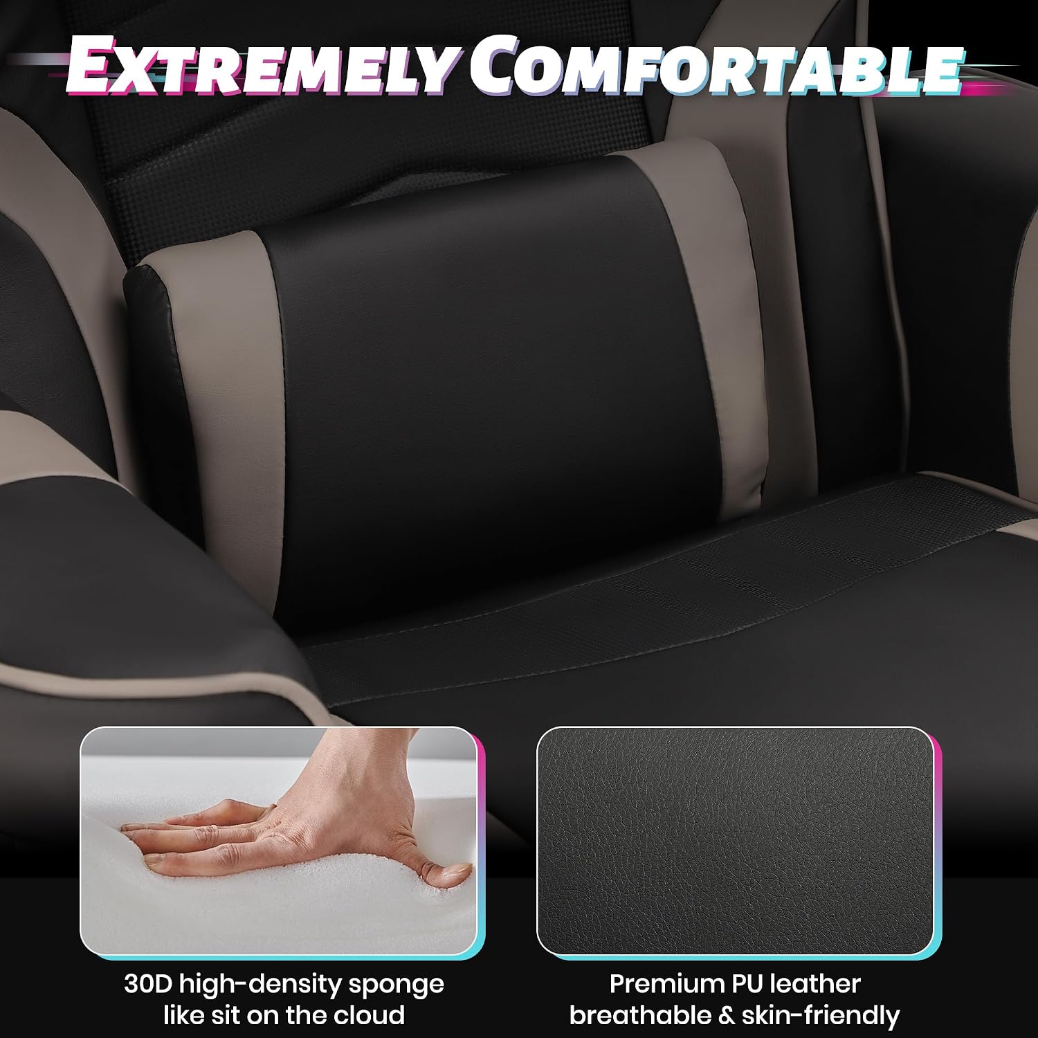 Game Reclining Chair with Adjustable Height, PU Gaming Chair with Massage, Long Footrest and Lumbar Support, High Back Swivel Computer Game Chair for Adult (Gray)