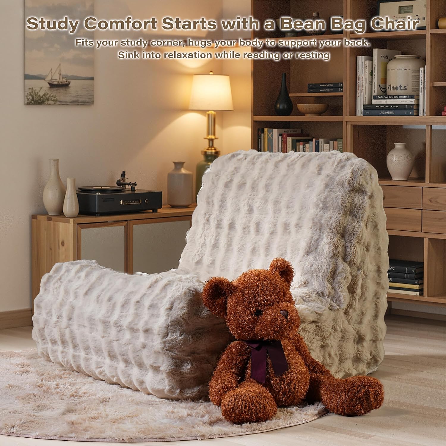 Beige Bean Bag Chairs for Adults,Comfy Small Bean Bag Sofa with Back Support,Memory Foam Bean Bag Chair for Teens,Faux Fur Fireside Beanbags Lazy Sofa for Bedroom,Dorm,Apartment,Living Room