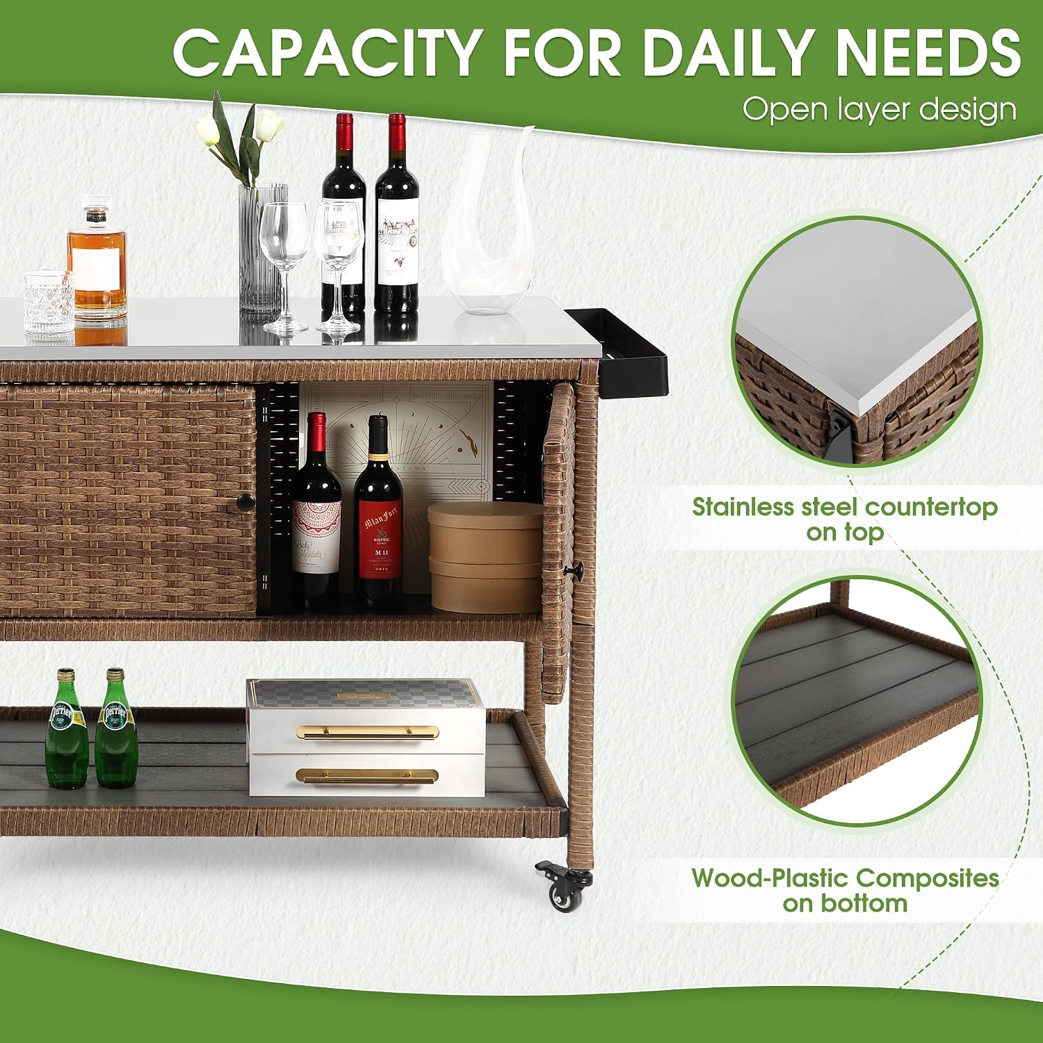 HOMEFUN Outdoor Grill Cart Kitchen Island with Storage Stainless Steel Top BBQ Prep Station Wicker Serving Bar Table with Hooks Wheels Backyard and Patio, Brown