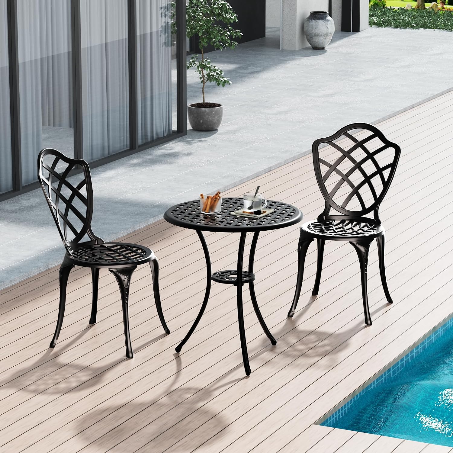 3 Piece Patio Bistro Set, Outdoor Bistro Table and Chairs Set of 2 w/Umbrella Hole, Rust-Resistant Cast Aluminum Bistro Set for Garden/Balcony/Backyard, Black