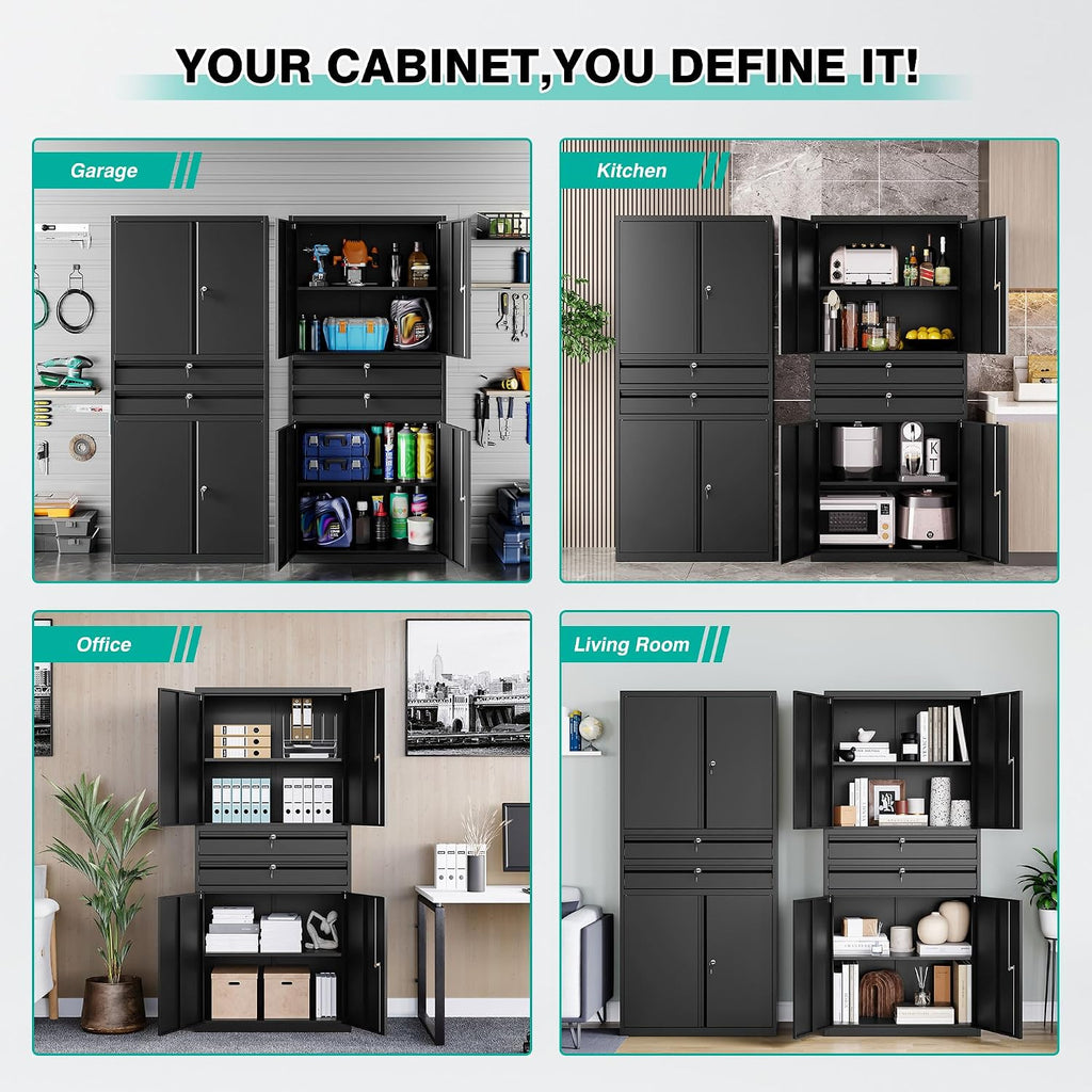 SISESOL Metal Storage Cabinet with Drawer and Locks,Black Garage Storage Cabinet with Locking Doors and Adjustable Shelves,71' Tall Large Metal Cabinets with Magnetic Door for Home,Office,Garage