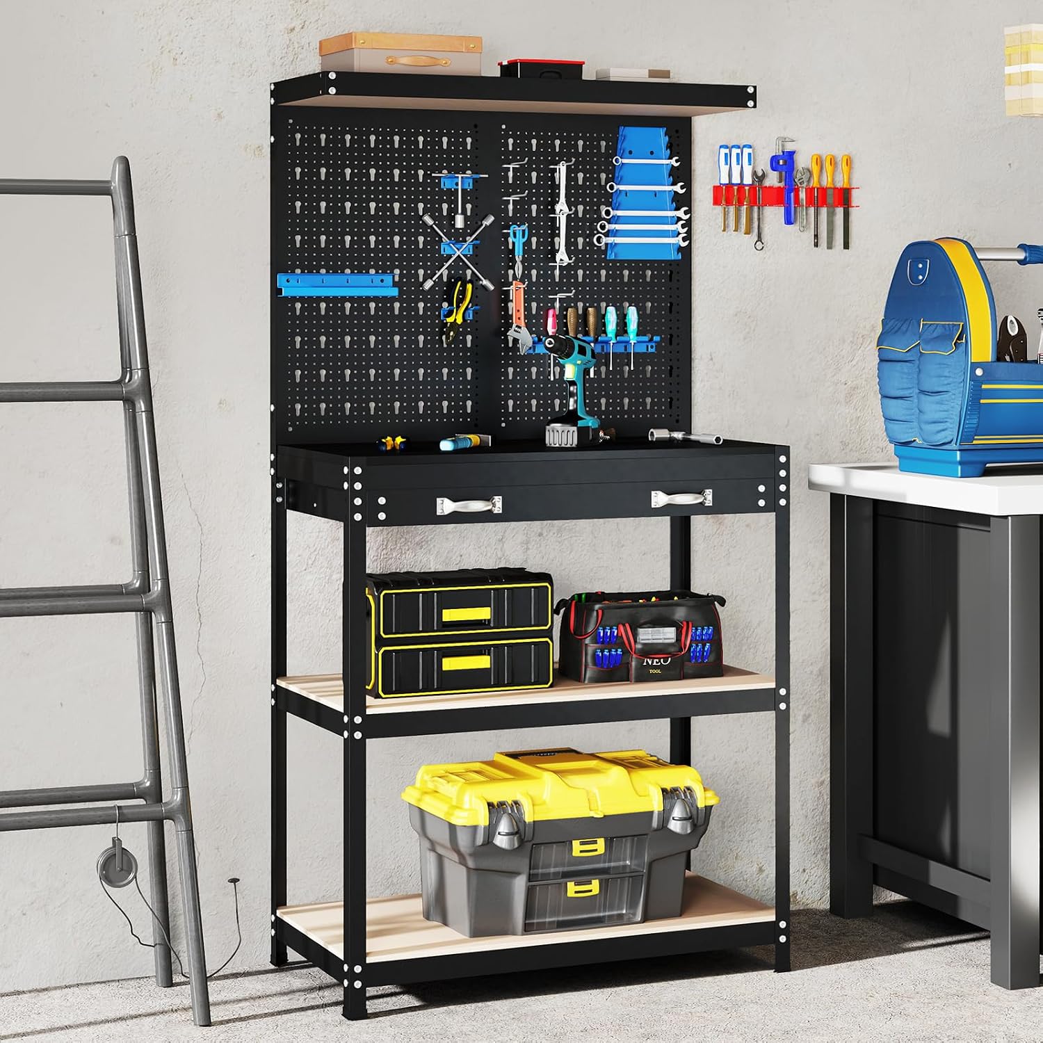 Goplus Workbench, Work Table with Drawer, Pegboard, Hanging Accessories, Topping Space, 4-Tier Heavy Duty Metal Tool Storage Bench, Work Benches for Garage, Workshop (Blue, 32' x 16' with Drawer)