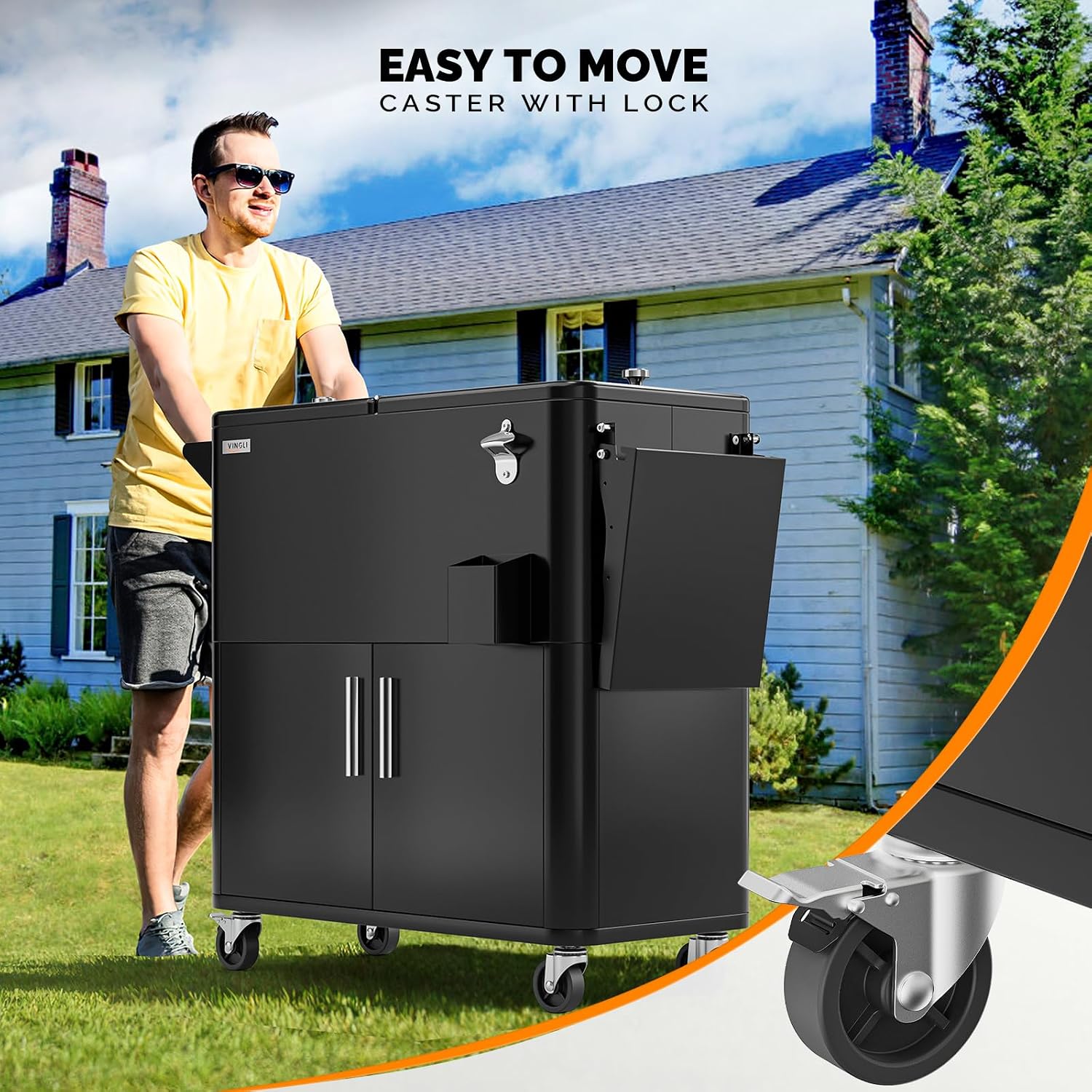VINGLI Patio Cooler, Ice Chest with Storage Cabinet, Bottle Opener Drainage, Outdoor Cooler for Party, Deck, Pool