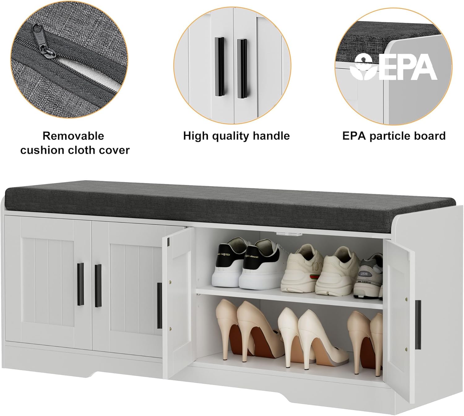 Homleke 2-Tier Storage Bench, Shoe Bench with Thickened Padded Seat Cushion, Entryway Bench with 4 Doors, Adjustable Shelf, 13.8' D x 45.3' W x 18.5' H, for Entryway, Living Room, Bedroom, White