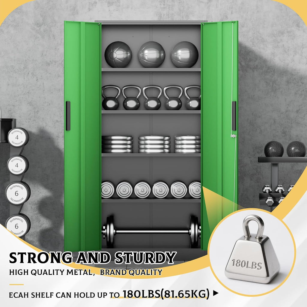 SUNCROWN 72' Metal Storage Cabinet - Heavy-Duty Metal Garage Cabinet with 4 Adjustable Shelves & 2 Doors for Tools, Office, Home, Workshop,Black & Green-Small