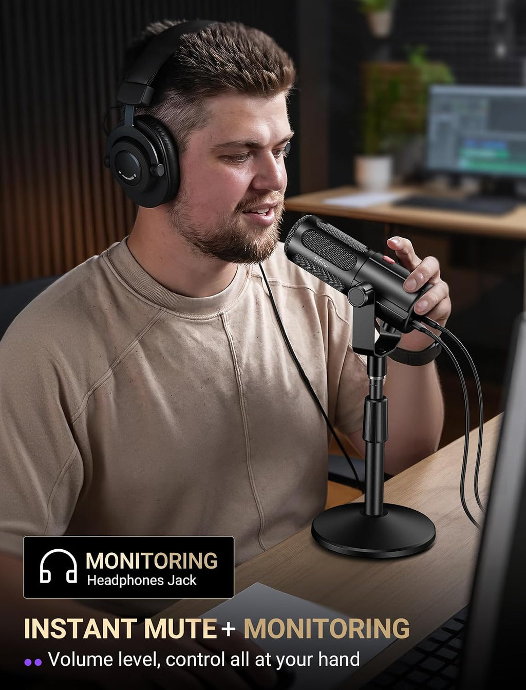 FIFINE AmpliTank TANK6S Vocal-Dynamic-Microphone, XLR-USB-Podcast-Microphone with Desktop Stand, Mute Button, Volume Knob, Studio Metal Built, Streaming-Mic for Content Creation, Music Recording