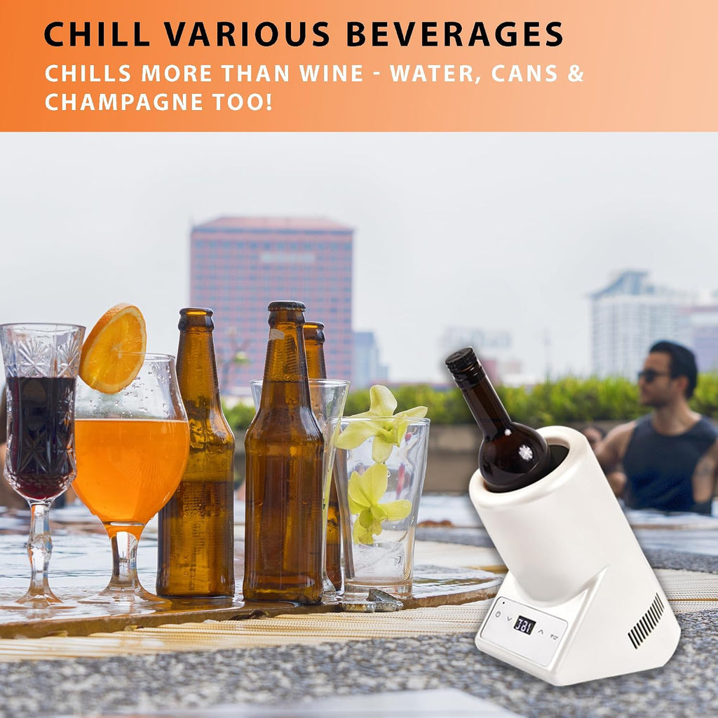 Equator 110V/12V Portable Electric Wine Chiller for Red, White and Water Bottles, 750mL Single Bottle Cooler, Stainless Body, Rechargeable, 24h Cold, Ideal for Parties & Gifts (White)