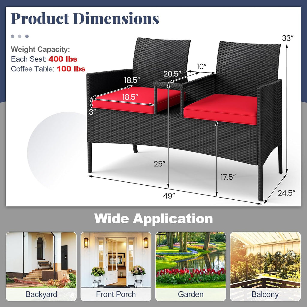 Tangkula Patio Loveseat with Built-in Table, Wicker 2-Seat Furniture with Soft Cushions & Tempered Glass Tabletop, Metal Frame Outdoor Conversation Seating Bench for Backyard, Porch