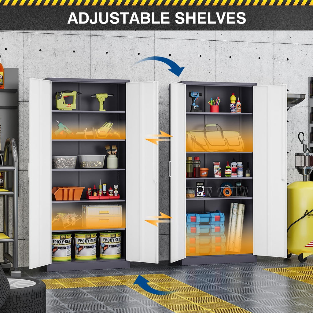 Fesbos Metal Cabinet Steel Storage Cabinet - 71' Tall Steel File Cabinets with Lockable Doors and 5 Adjustable Shelves Gray&White Storage Cabinets for Home, School, Office, Garage