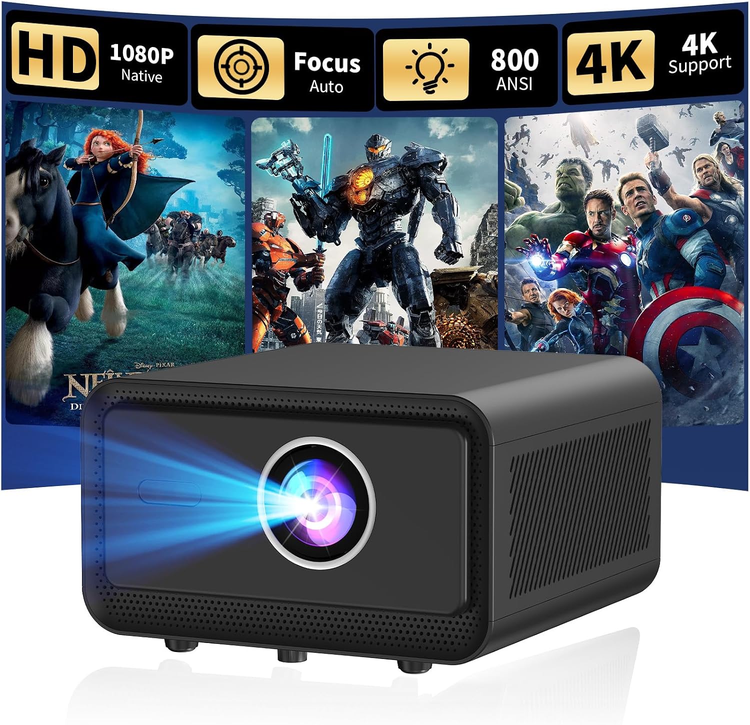 【Native 1080P & Auto Focus】Mini Projector with WiFi and Bluetooth, 800Ansi Brightness, Support 4K HD, Portable Movie Projector, Auto Keystone Correction, Compatible with Smartphone, Laptop, HDMI, USB