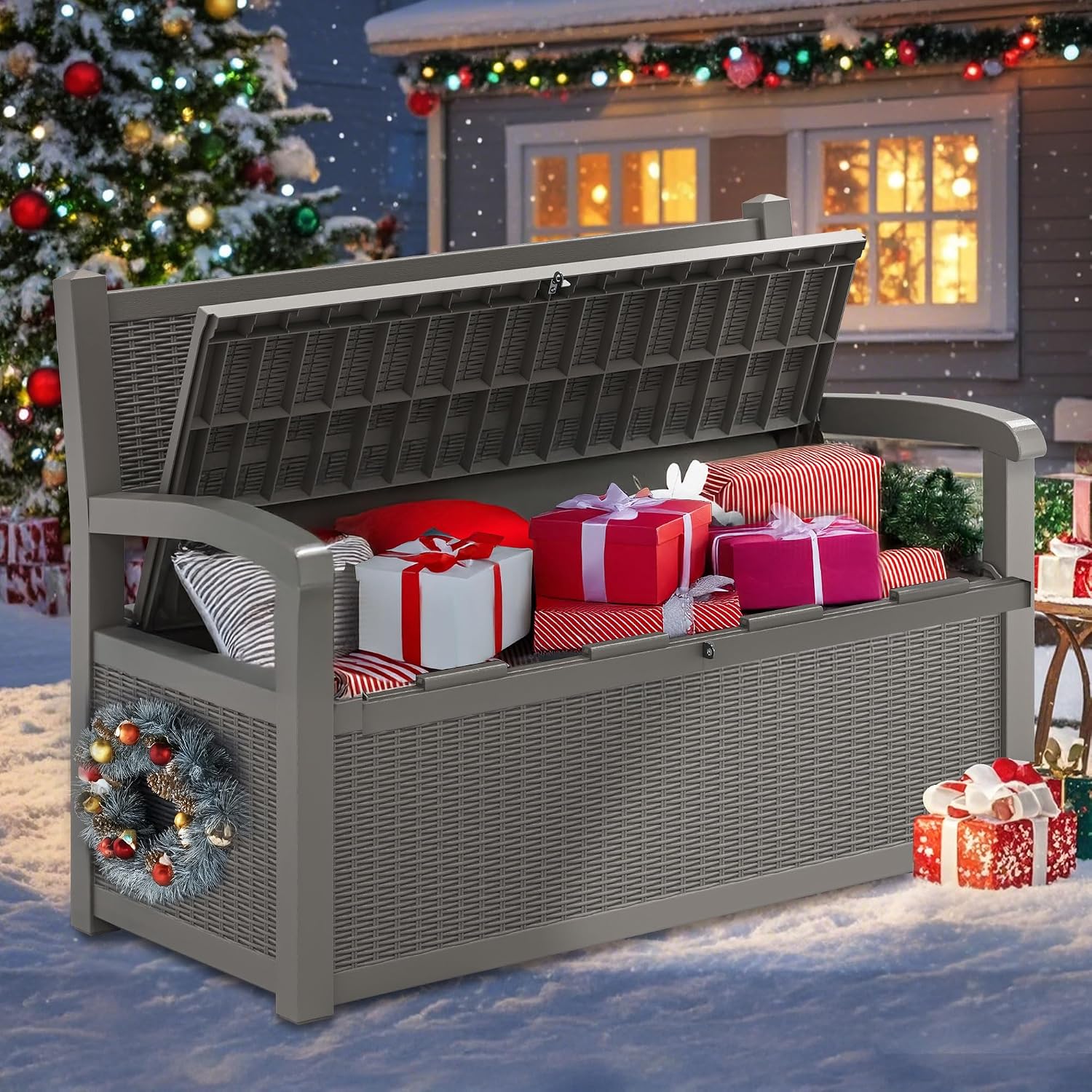 71 Gallon Outdoor Storage Bench Deck Box, Waterproof Outdoor Seating with Lockbale Shed,for Patio Storage Bench,Front Porch Decor,Store Garden Tools and Pool Supplies,Multi-functional Storage (Grey)