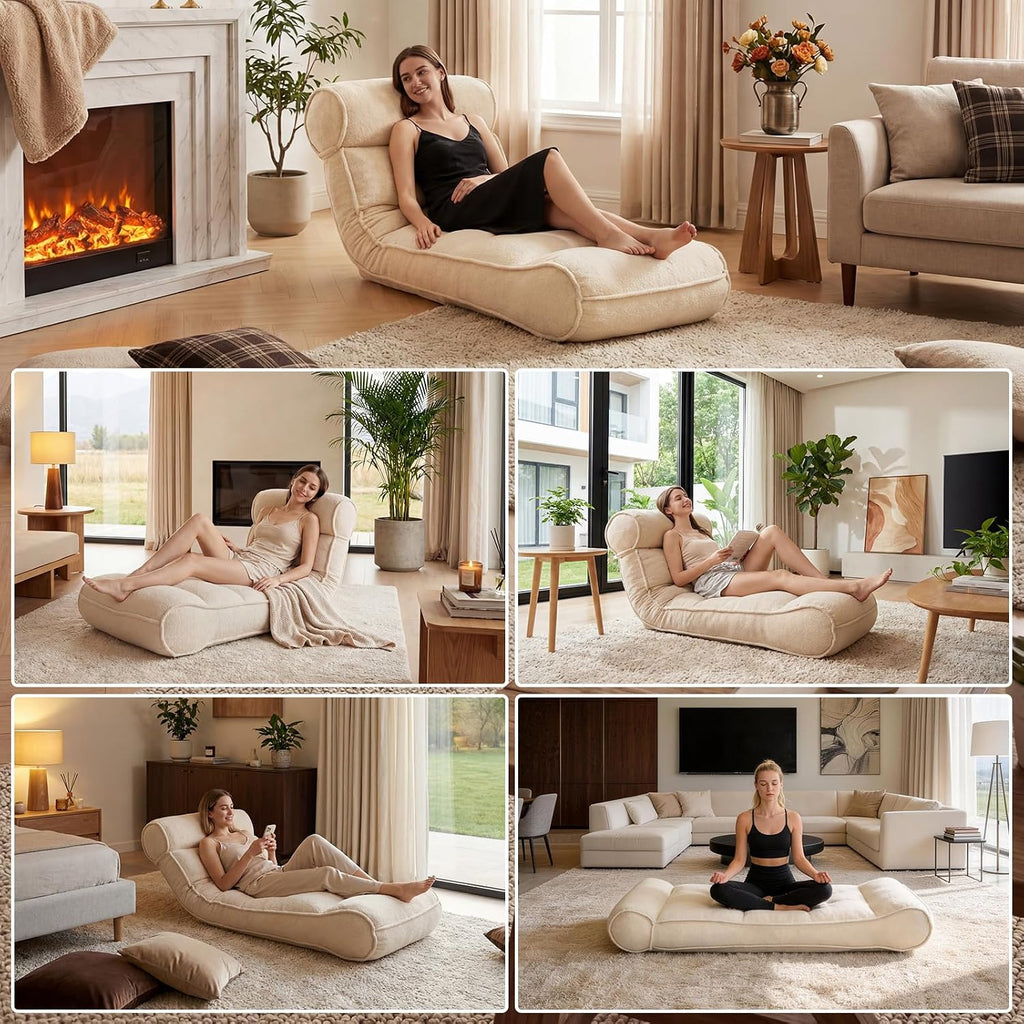 67'' Floor Chair with Back Support Meditation Chair Couch Recliner w Adjustable Backrest Lazy Floor Lounger Gaming Chair for Adults Sofa Bed Sleeper Chair Chaise Lounge Chair Indoor, Light Beige