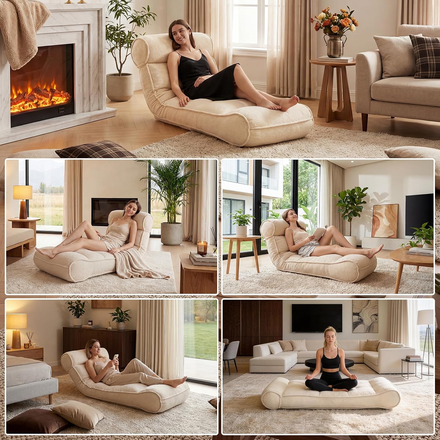 67'' Floor Chair with Back Support Meditation Chair Couch Recliner w Adjustable Backrest Lazy Floor Lounger Gaming Chair for Adults Sofa Bed Sleeper Chair Chaise Lounge Chair Indoor, Light Beige