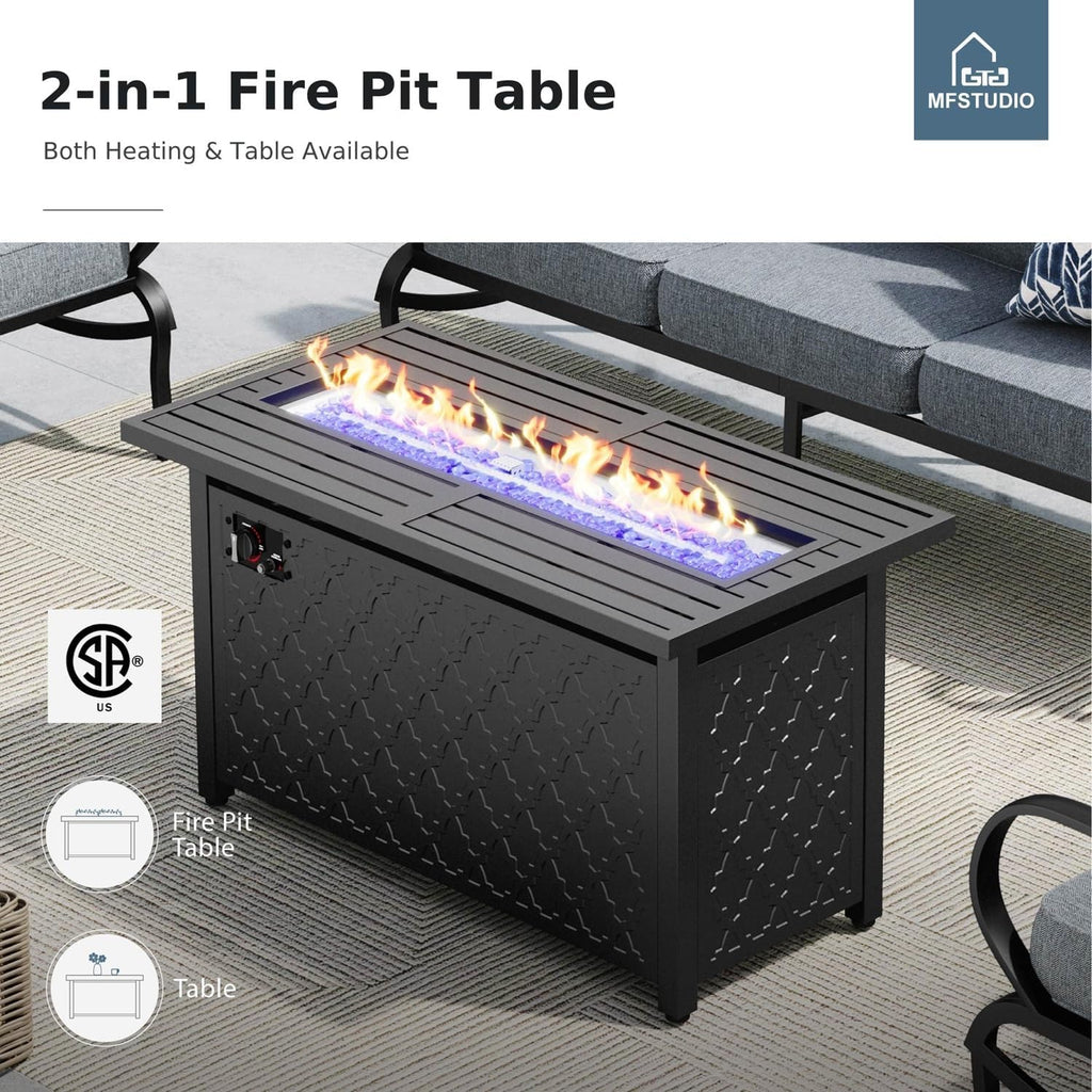 MFSTUDIO Patio Furniture Sets with 45' Gas Fire Pit Table, 8 Pieces Outdoor Metal Conversation Set with 1 x 3-Seat Sofa, 2 Single Chairs, 2 Swivel Chairs and 2 Ottomans, Grey Cushion