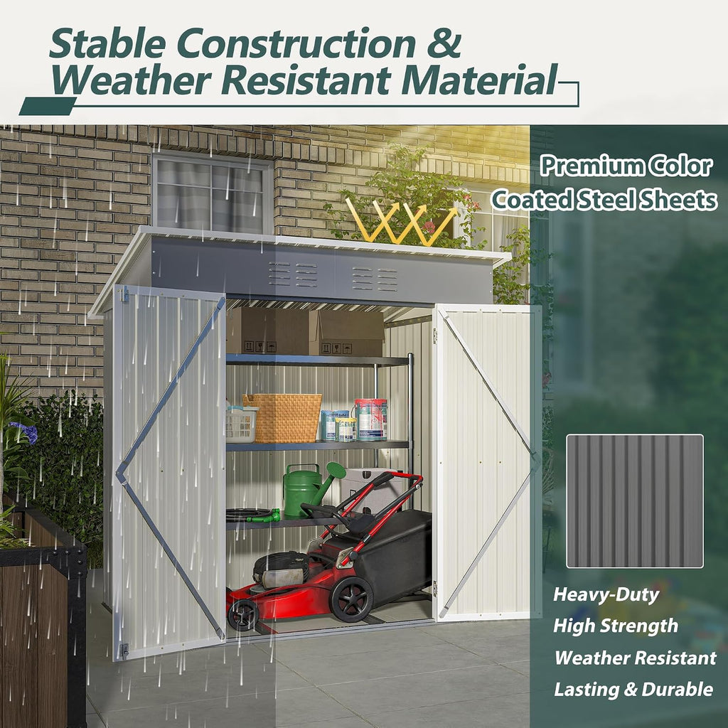 6x4 FT Outdoor Storage Shed, Metal Garden Shed with Frame Floor, Outside Tool Shed with Lockable Hinged Doors, Waterproof Storage Building with Sloped Roof for Backyard, Patio, Lawn, Gray