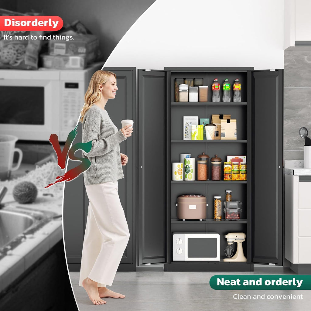 Greenvelly 63' H Black Metal Pantry Storage Cabinet, Locking Metal Cabinet with 4 Adjustable Shelves and 2 Doors for Kitchen, Home, Garage, Pantry