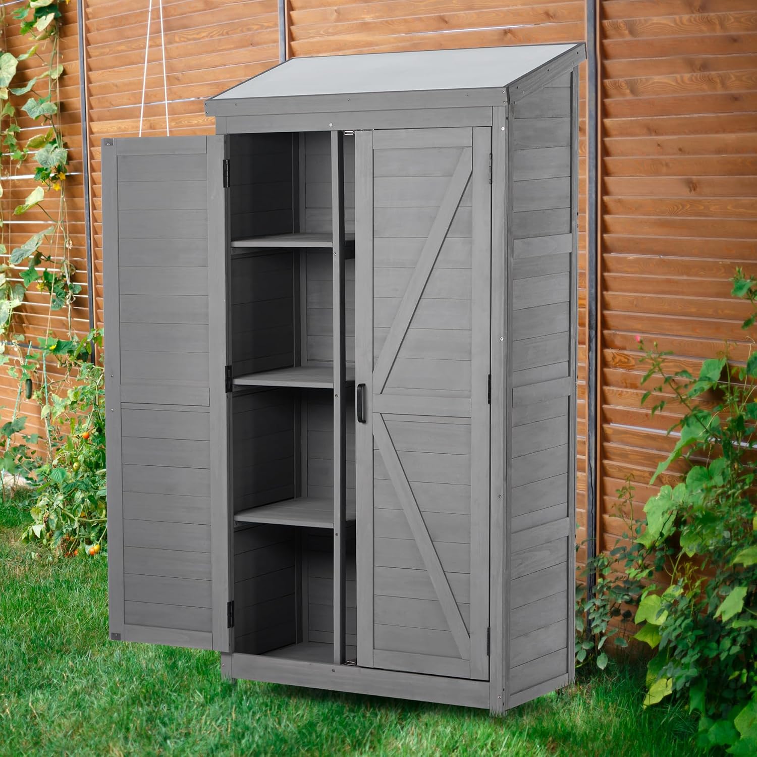 68 Inches Outdoor Storage Cabinet and Metal Top,Garden Shed,Outdoor Wood Tall Shed for Yard Patio，Outdoor Wooden with Top Vertical Tool Backyard Garden Patio Lawn (Gray)