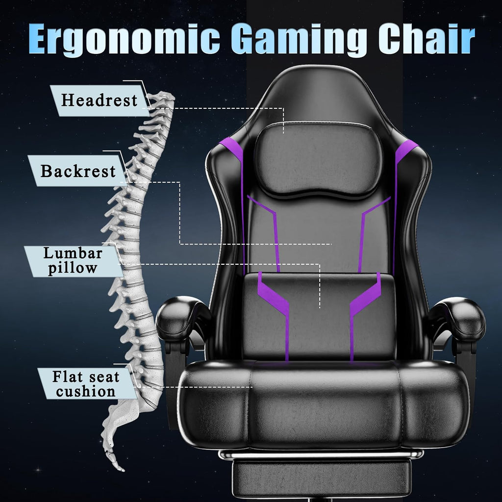 Ergonomic Gaming Chair, Video Game Chair with Pocket Spring Cushion and Footrest, Height Adjustable Computer Chair with Swivel Seat and Headrest (Purple)
